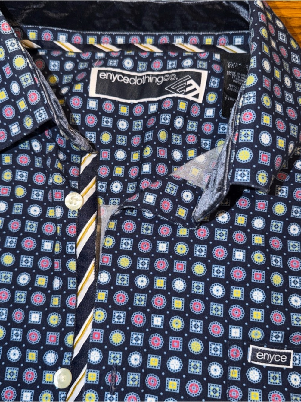 Enyce Navy Button-Up Shirt with Red and Yellow Geo Dots
